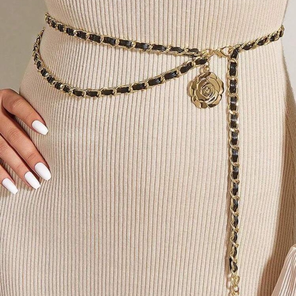 Gold and Black Chain Belt, Black Faux Leather and Gold Chain Belt - Picture 6 of 8